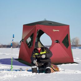 Outsunny 2 Person Insulated Ice Fishing Shelter Pop-Up Portable Ice Fishing Tent with Carry Bag and Anchors for -22℉, Red