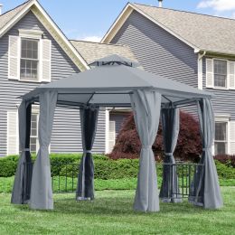 Outsunny 13' x 13' Party Tent, 2 Tier Hexagon Patio Canopy, Curtains, Double Vented Roof Gazebo, UV and Water Protection, Large Floor Space, Grey