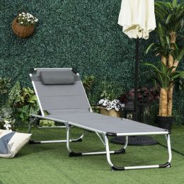 Outsunny Foldable Reclining Sun Lounger Lounge Chair Camping Folding Bed Cot 5-Position Adjustable Back with Pillow for Patio Garden Beach Pool Grey