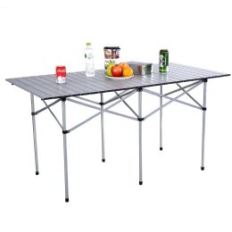 Aluminum Roll Up Folding Camping Rectangle Picnic Table - Color: Silver