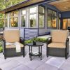 3 Pieces Patio Rattan Furniture Set Cushioned Sofa Storage Table with Shelf Garden