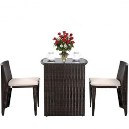 3 Pieces Cushioned Wicker Patio Bistro Set with No Assembly Needed