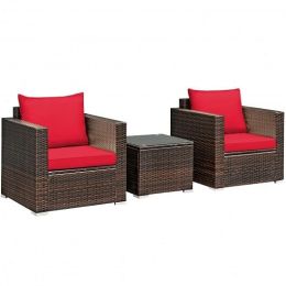 3 Pcs Patio Conversation Rattan Furniture Set with Cushion-Beige