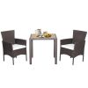 3 Pieces Patio Wicker Furniture Set wih Acacia Wood Table Top and Chair Cushiones