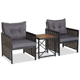 3 Piece Patio Rattan Furniture Set with Acacia Wood Tabletop