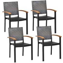 Set of 4 Outdoor Patio PE Rattan Dining Chairs with Powder-coated Steel Frame