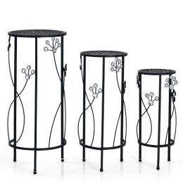 3 Pieces Metal Plant Stand Set with Crystal Floral Accents Round-Black