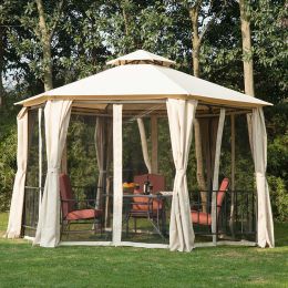 Outsunny 13' x 13' Party Tent 2 Tier Outdoor Hexagon Patio Canopy, Mesh Nettings, Curtains, Double Vented Roof Gazebo, UV and Water Protection, Beige