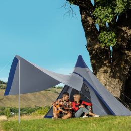 Outsunny Teepee Tent, Easy Set-Up Camping Tent with Porch Area, Floor and Carry Bag, for 2-3 Person Outdoor Backpacking Camping Hiking, Blue