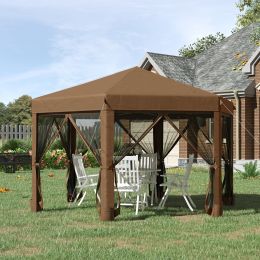 Outsunny 13' x 13' Heavy Duty Pop Up Canopy with Hexagonal Shape, 6 Mesh Sidewall Netting, 3-Level Adjustable Height and Strong Steel Frame, Brown