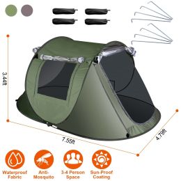 3-4 Person Pop Up Tent Automatic Setup Camping Tent Waterproof Instant Setup Tent with 2 Mosquito Net Windows Carrying Bag for Hiking Climbing Adventu