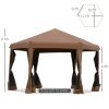 Outsunny 13' x 13' Heavy Duty Pop Up Canopy with Hexagonal Shape, 6 Mesh Sidewall Netting, 3-Level Adjustable Height and Strong Steel Frame, Brown