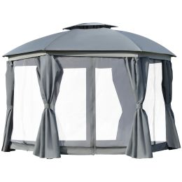 Outsunny 12' x 12' Steel Gazebo Canopy Party Tent Shelter with Double Roof, Curtains, Netting Sidewalls, Top Hook, Gray