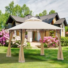 Outsunny 10'x10' Outdoor Patio Gazebo Canopy Metal Canopy Tent with 2-Tier Roof and Mesh Netting for Backyard, Beige