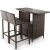 3 Pieces Outdoor Wicker Bar Set with 3 Rows Stemware Racks