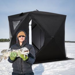 Outsunny 2 Person Ice Fishing Shanty with Padded Walls, Thermal Waterproof Portable Pop Up Ice Tent with 2 Doors, Black